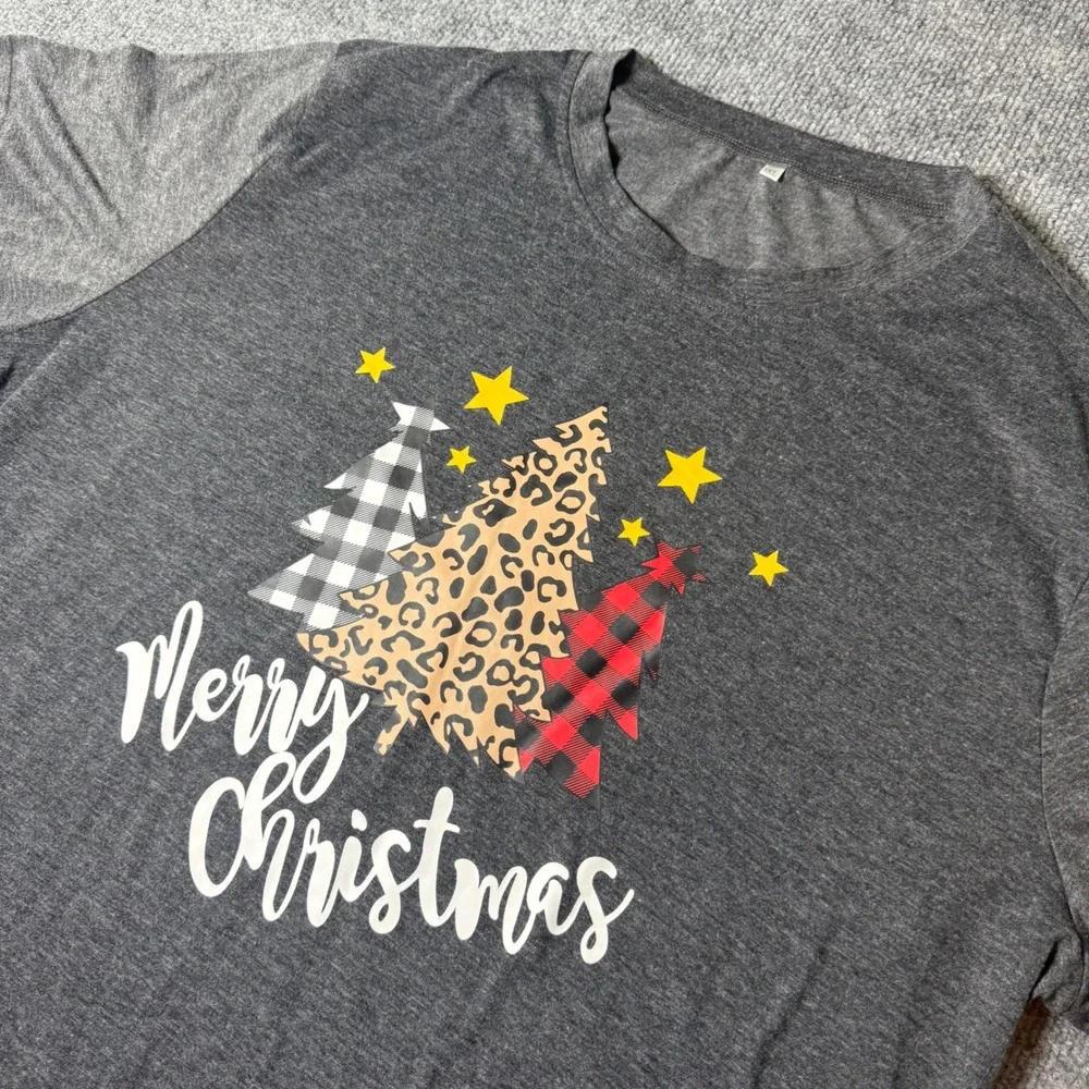 3XL Christmas Tree Graphic T-Shirt Gray Holiday Raglan Sleeve Top‎